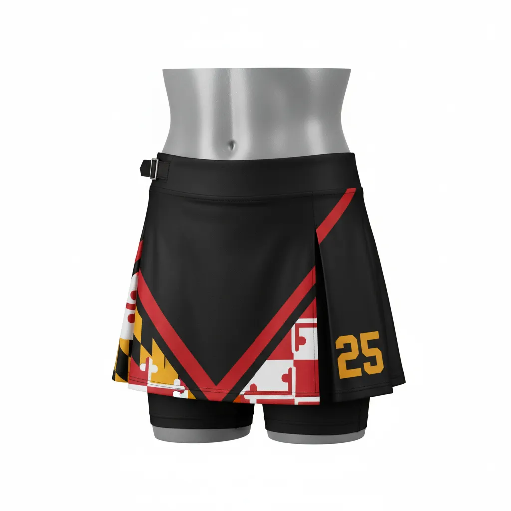 Custom Lacrosse Kilt Skirt - Black, Red, Gold - Womens Kilt Maryland Pride - Front View - HAMCO Sports Inc.