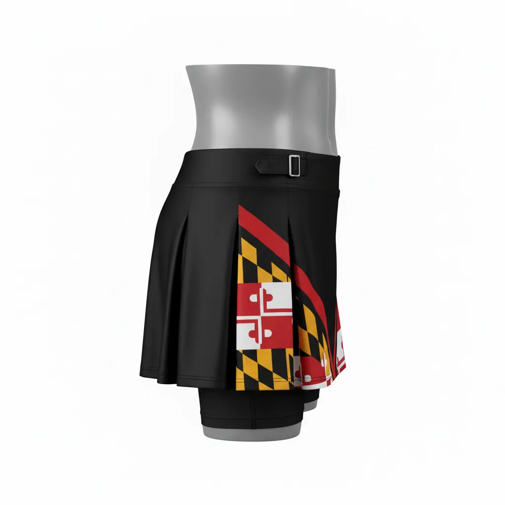 Custom Lacrosse Kilt Skirt - Black, Red, Gold - Womens Kilt Maryland Pride - Side View - HAMCO Sports Inc.