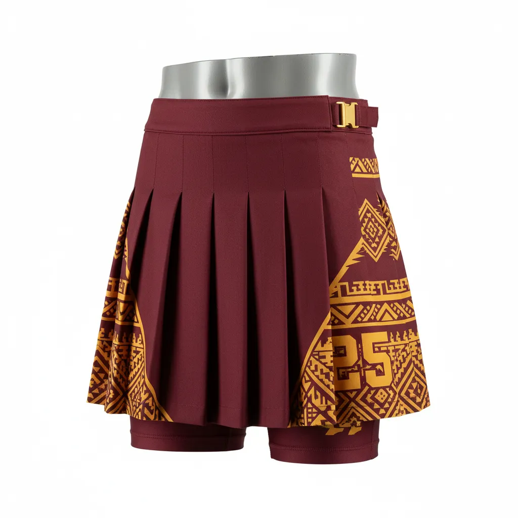 Custom Lacrosse Kilt Skirt - Burgundy, Gold - Womens Kilt Vegas Tribal Clash - Front View - HAMCO Sports Inc.
