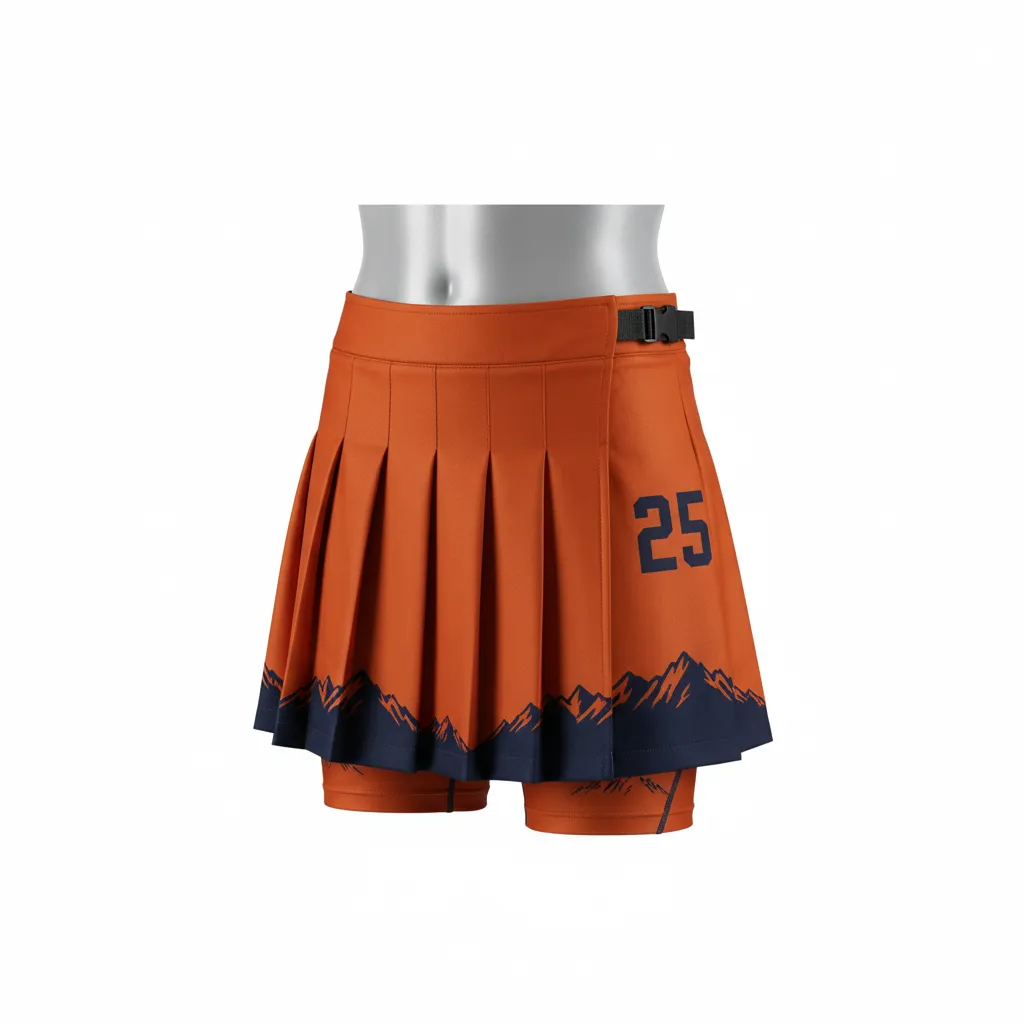 Custom Lacrosse Kilt Skirt - Burnt, Orange, Navy - Womens Kilt Upstate Mountain - Front View - HAMCO Sports Inc.