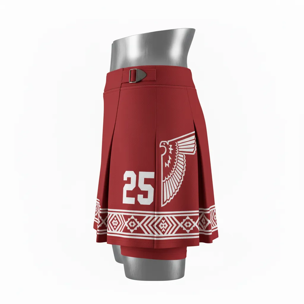 Custom Lacrosse Kilt Skirt - Red, White - Womens Kilt Cardinal Thunderbird Spirit - Front View - HAMCO Sports Inc.