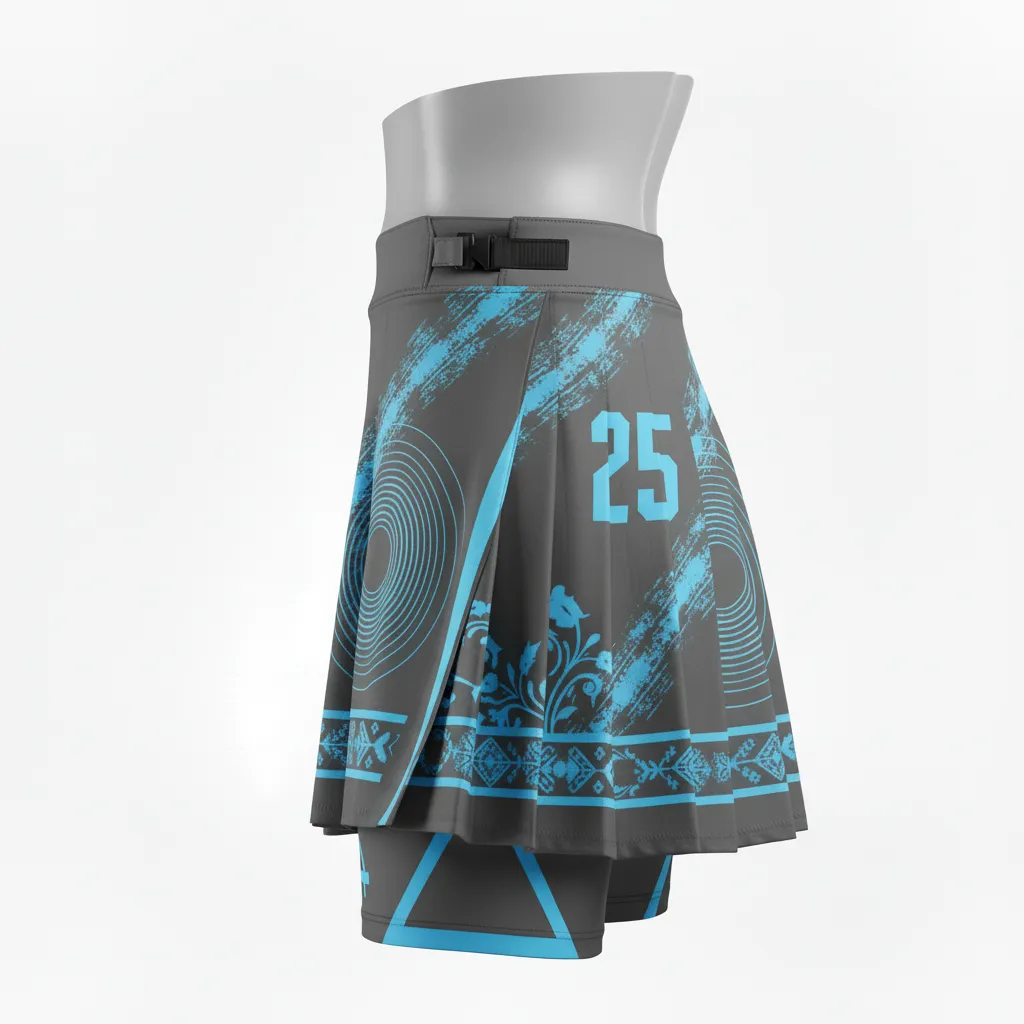 Custom Lacrosse Kilt Skirt - Blue - Womens Kilt Charcoal Electric Cleat Marks Trail - Side View - HAMCO Sports Inc.