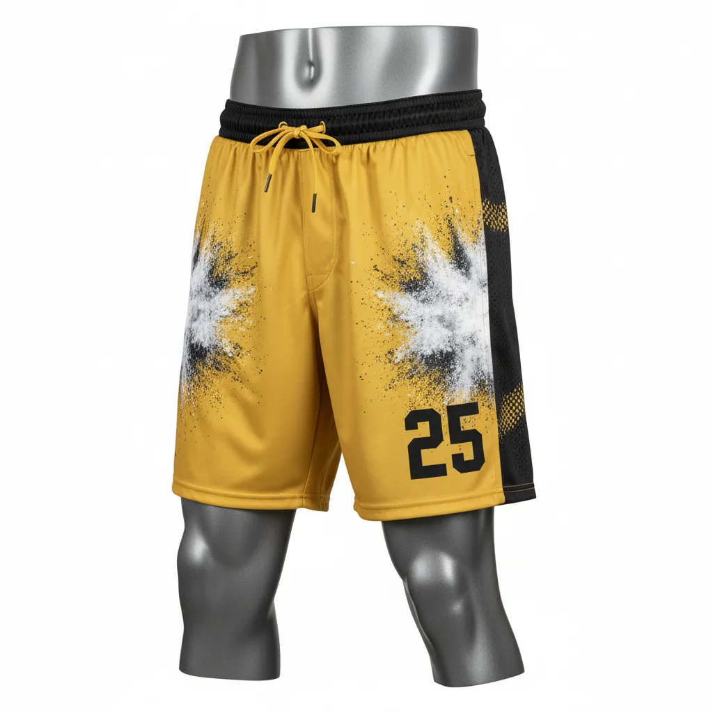 Custom Lacrosse Lacrosse Shorts - Gold, Black - Shorts 7 Inch Athletic Goal Dust Explosion - Front View - HAMCO Sports Inc.