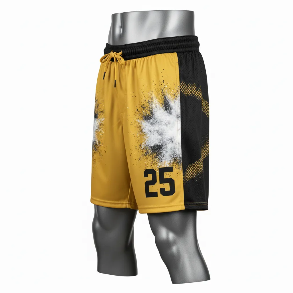 Custom Lacrosse Lacrosse Shorts - Gold, Black - Shorts 7 Inch Athletic Goal Dust Explosion - Side View - HAMCO Sports Inc.