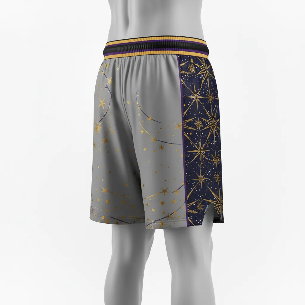 Custom Lacrosse Lacrosse Shorts - Black, Gold, Purple - Shorts 7 Inch Creator S Game Celestial - Back View - HAMCO Sports Inc.
