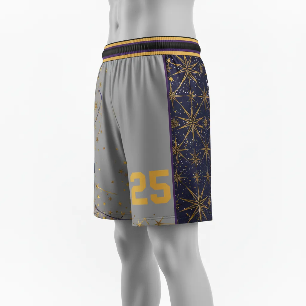 Custom Lacrosse Lacrosse Shorts - Black, Gold, Purple - Shorts 7 Inch Creator S Game Celestial - Front View - HAMCO Sports Inc.