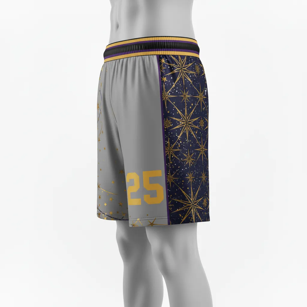 Custom Lacrosse Lacrosse Shorts - Black, Gold, Purple - Shorts 7 Inch Creator S Game Celestial - Side View - HAMCO Sports Inc.
