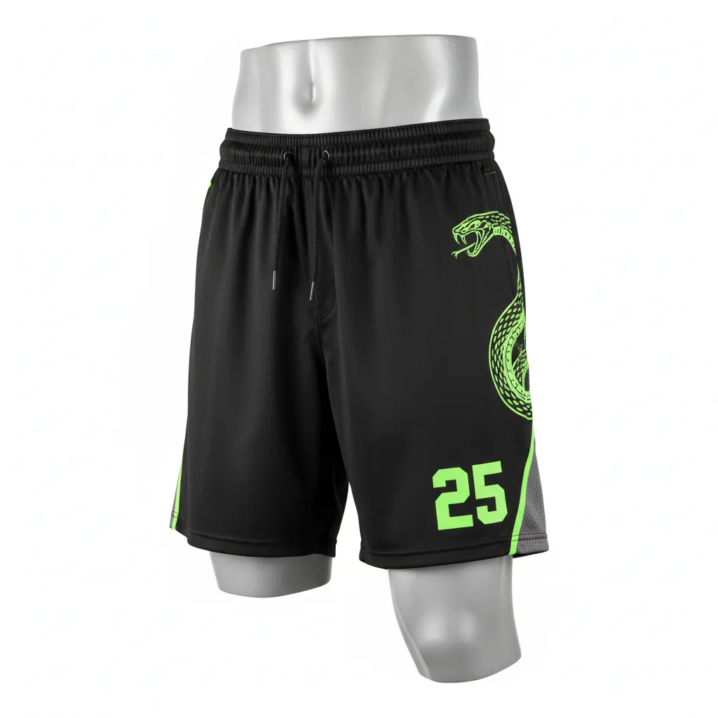 Custom Lacrosse Lacrosse Shorts - Black, Green - Shorts 7 Inch Neon Serpent Strike - Front View - HAMCO Sports Inc.