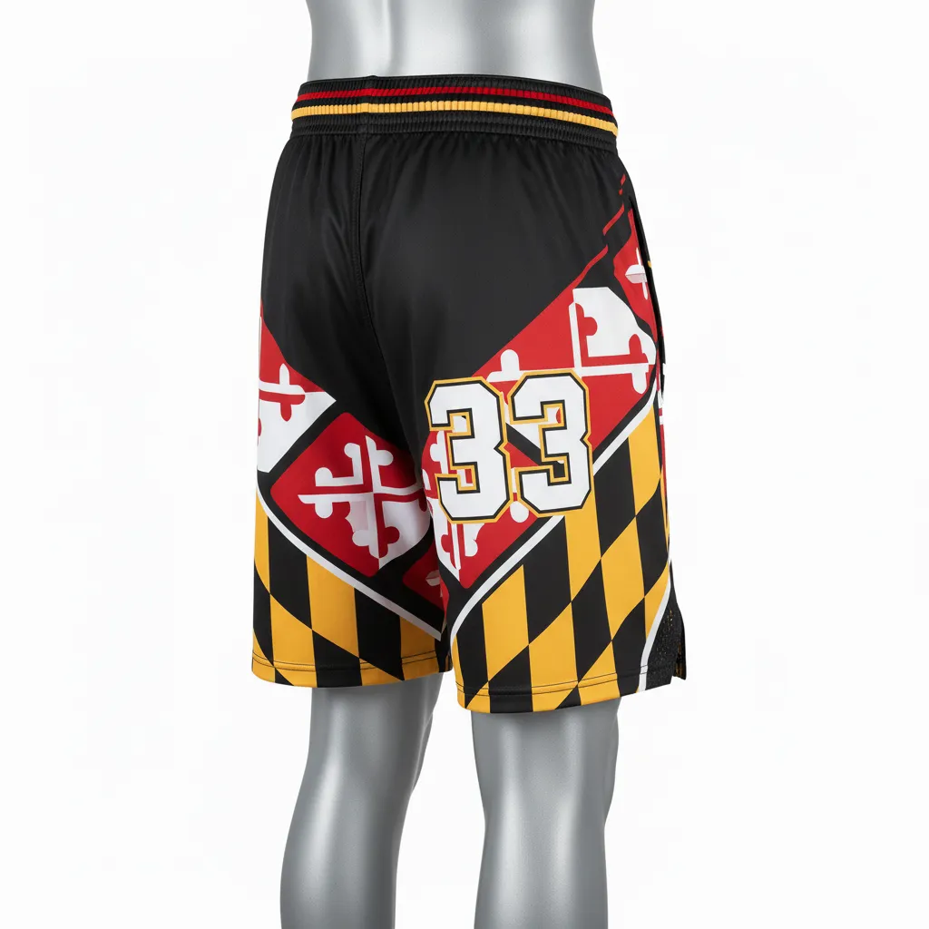 Custom Lacrosse Lacrosse Shorts - Black, Red, Gold - Shorts 7 Inch Maryland Pride - Back View - HAMCO Sports Inc.
