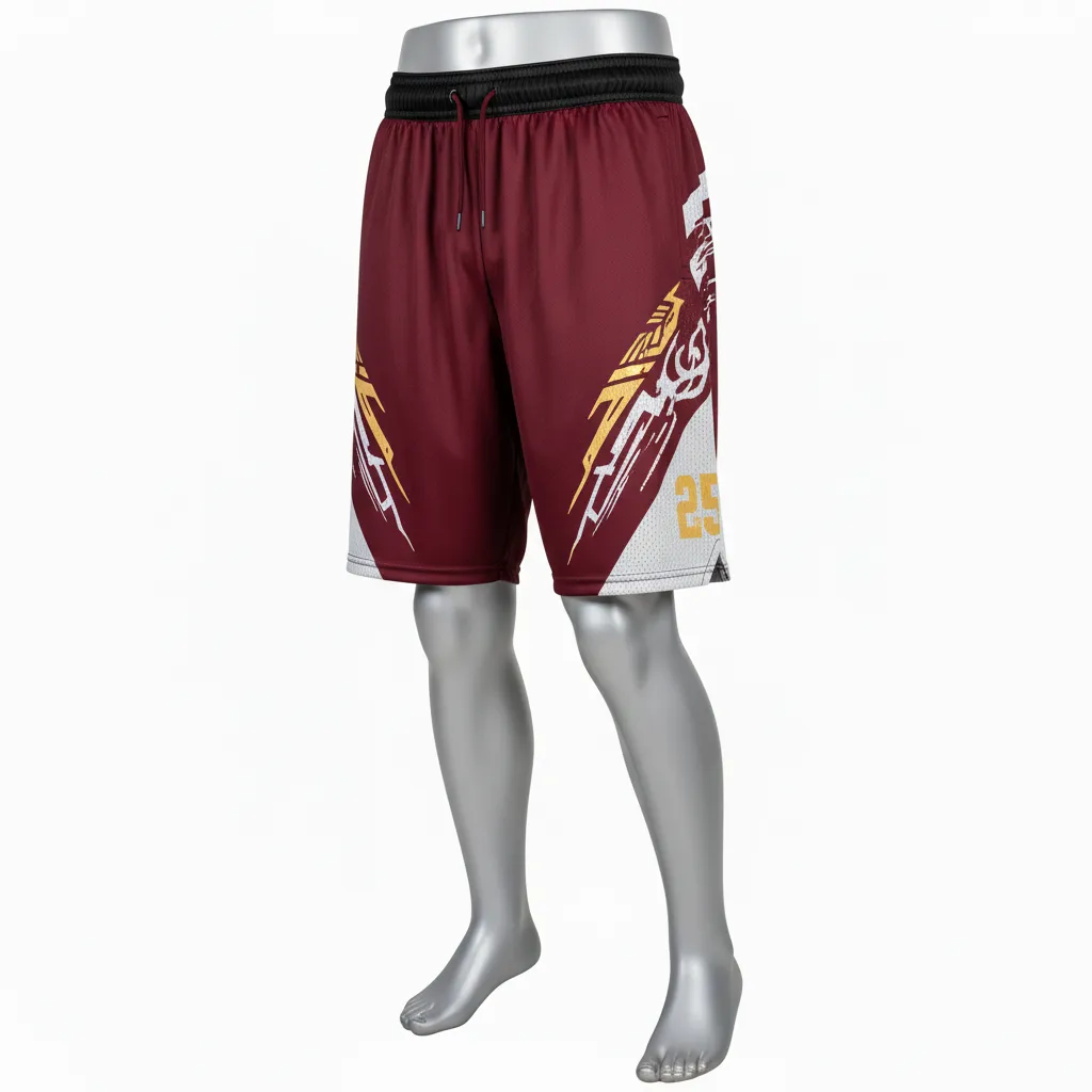 Custom Lacrosse Lacrosse Shorts - Burgundy, Gold - Shorts 7 Inch Vegas Tribal Clash - Front View - HAMCO Sports Inc.