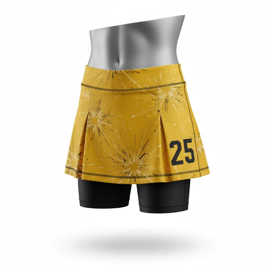 Custom Lacrosse Lacrosse Skort - Gold, Black - Womens Skort Athletic Goal Dust Explosion - Front View - HAMCO Sports Inc.
