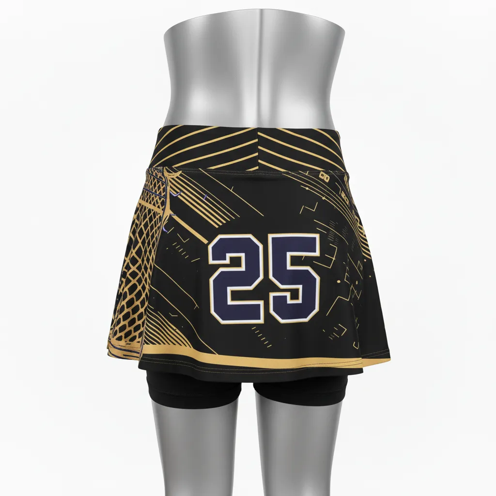 Custom Lacrosse Lacrosse Skort - Black, Gold, Purple - Womens Skort Creator S Game Celestial - Back View - HAMCO Sports Inc.