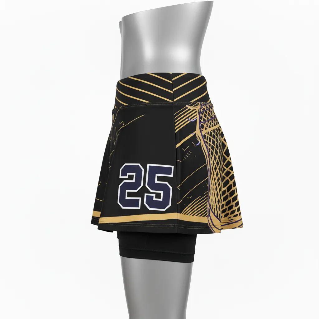 Custom Lacrosse Lacrosse Skort - Black, Gold, Purple - Womens Skort Creator S Game Celestial - Side View - HAMCO Sports Inc.