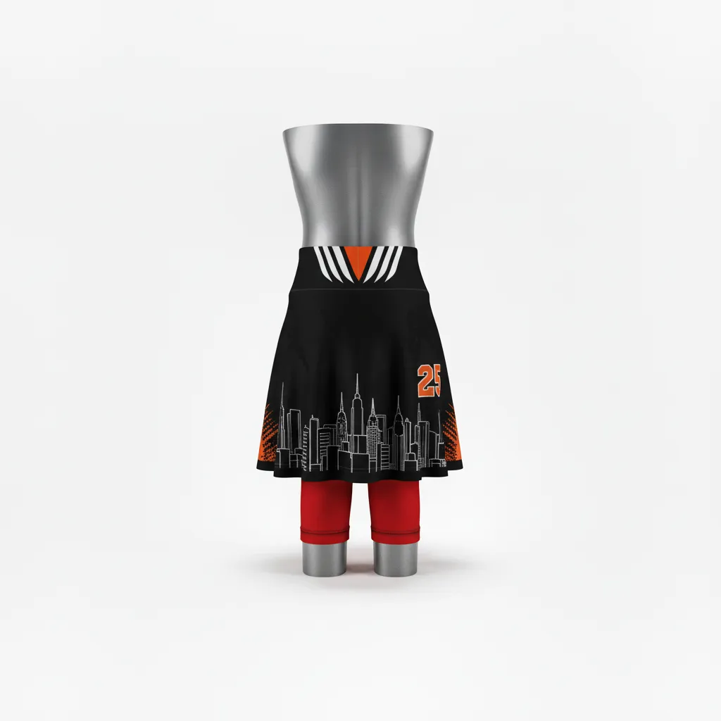 Custom Lacrosse Lacrosse Skort - Black, Orange, White - Womens Skort Long Island Strong - Front View - HAMCO Sports Inc.