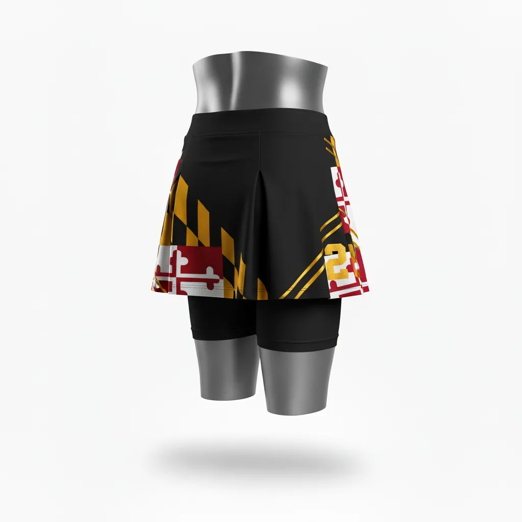 Custom Lacrosse Lacrosse Skort - Black, Red, Gold - Womens Skort Maryland Pride - Front View - HAMCO Sports Inc.