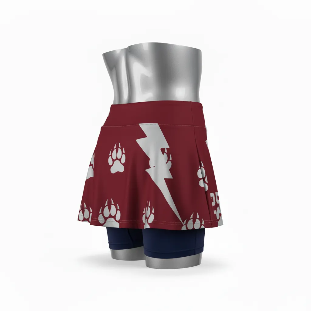 Custom Lacrosse Lacrosse Skort - Burgundy, Silver - Womens Skort Bear Clan Strength - Front View - HAMCO Sports Inc.