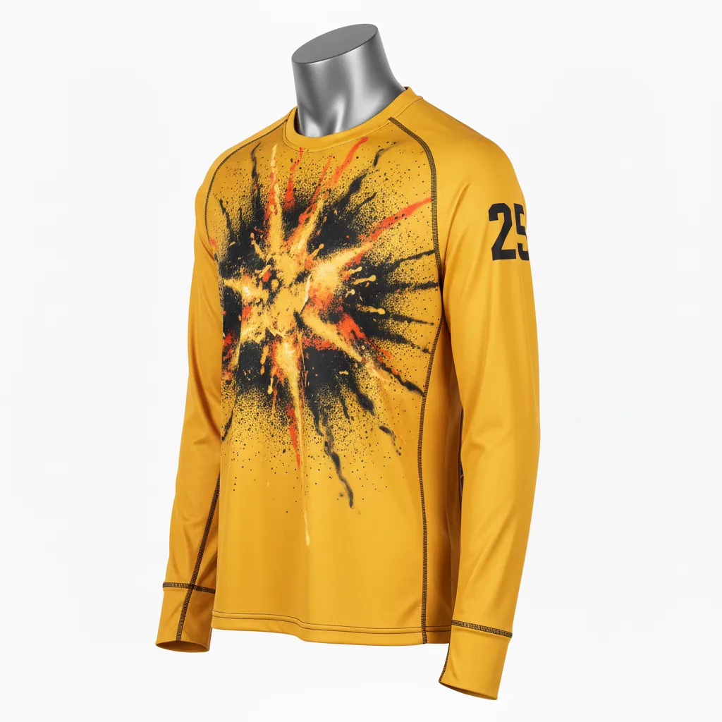Custom Lacrosse Long Sleeve T Shirt - Gold, Black - Long Sleeve T Shirt Athletic Goal Dust Explosion - Front View - HAMCO Sports Inc.