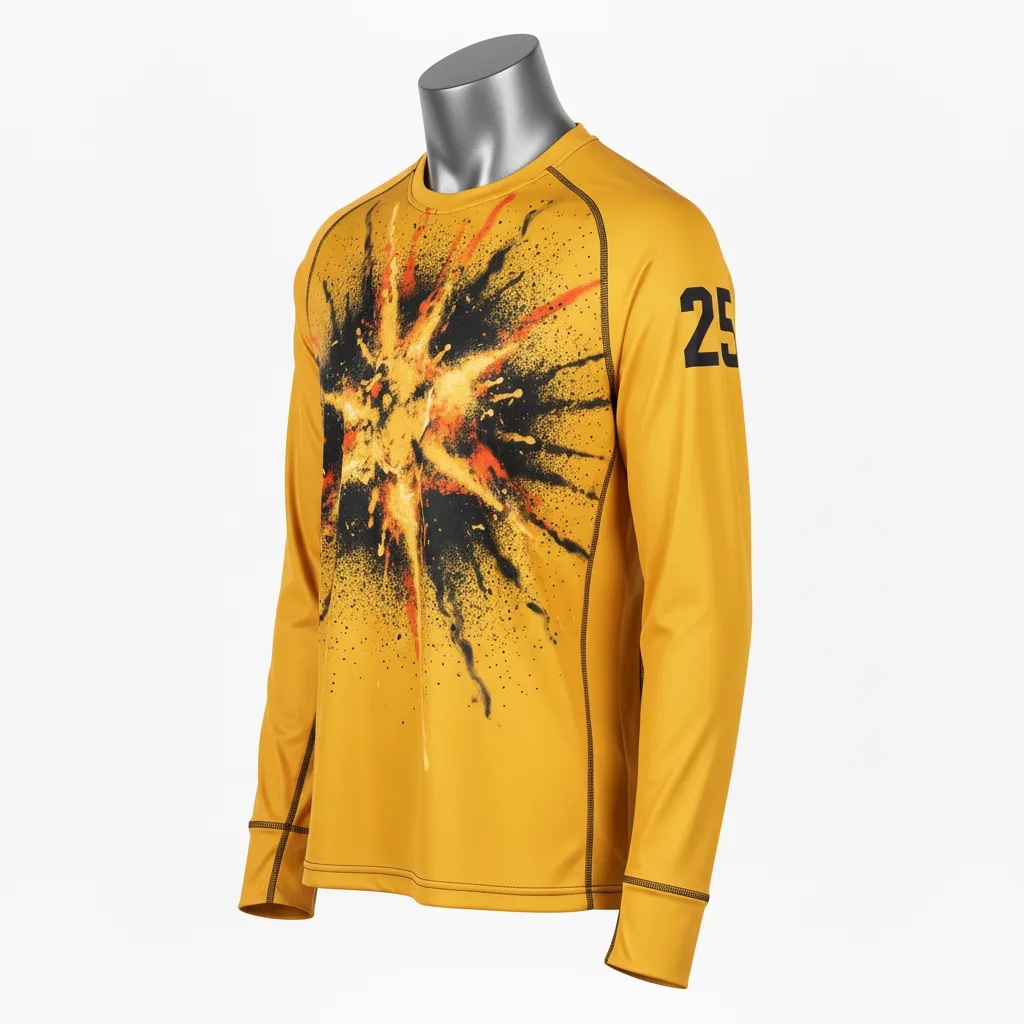 Custom Lacrosse Long Sleeve T Shirt - Gold, Black - Long Sleeve T Shirt Athletic Goal Dust Explosion - Side View - HAMCO Sports Inc.