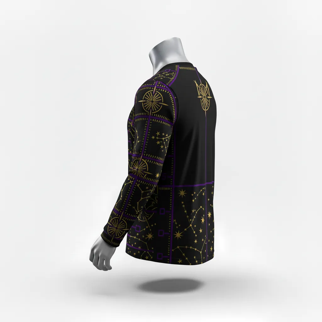 Custom Lacrosse Long Sleeve T Shirt - Black, Gold, Purple - Long Sleeve T Shirt Creator S Game Celestial - Back View - HAMCO Sports Inc.