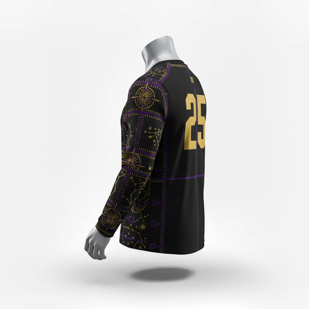 Custom Lacrosse Long Sleeve T Shirt - Black, Gold, Purple - Long Sleeve T Shirt Creator S Game Celestial - Front View - HAMCO Sports Inc.