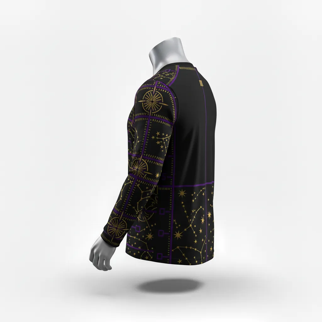 Custom Lacrosse Long Sleeve T Shirt - Black, Gold, Purple - Long Sleeve T Shirt Creator S Game Celestial - Side View - HAMCO Sports Inc.