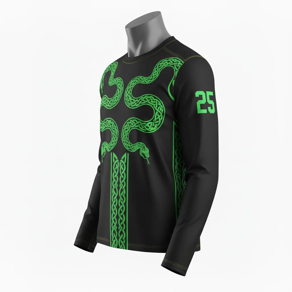 Custom Lacrosse Long Sleeve T Shirt - Black, Green - Long Sleeve T Shirt Neon Serpent Strike - Front View - HAMCO Sports Inc.