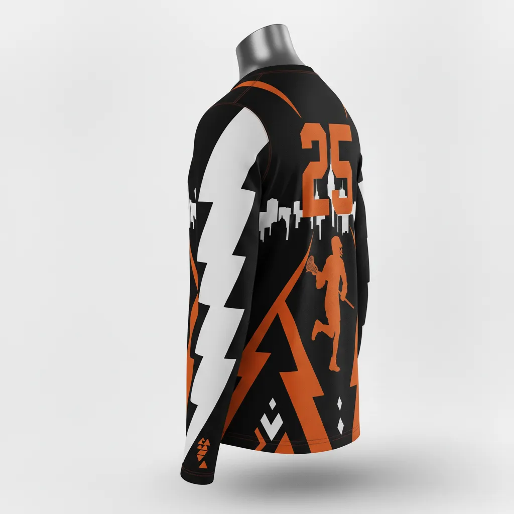 Custom Lacrosse Long Sleeve T Shirt - Black, Orange, White - Long Sleeve T Shirt Long Island Strong - Back View - HAMCO Sports Inc.