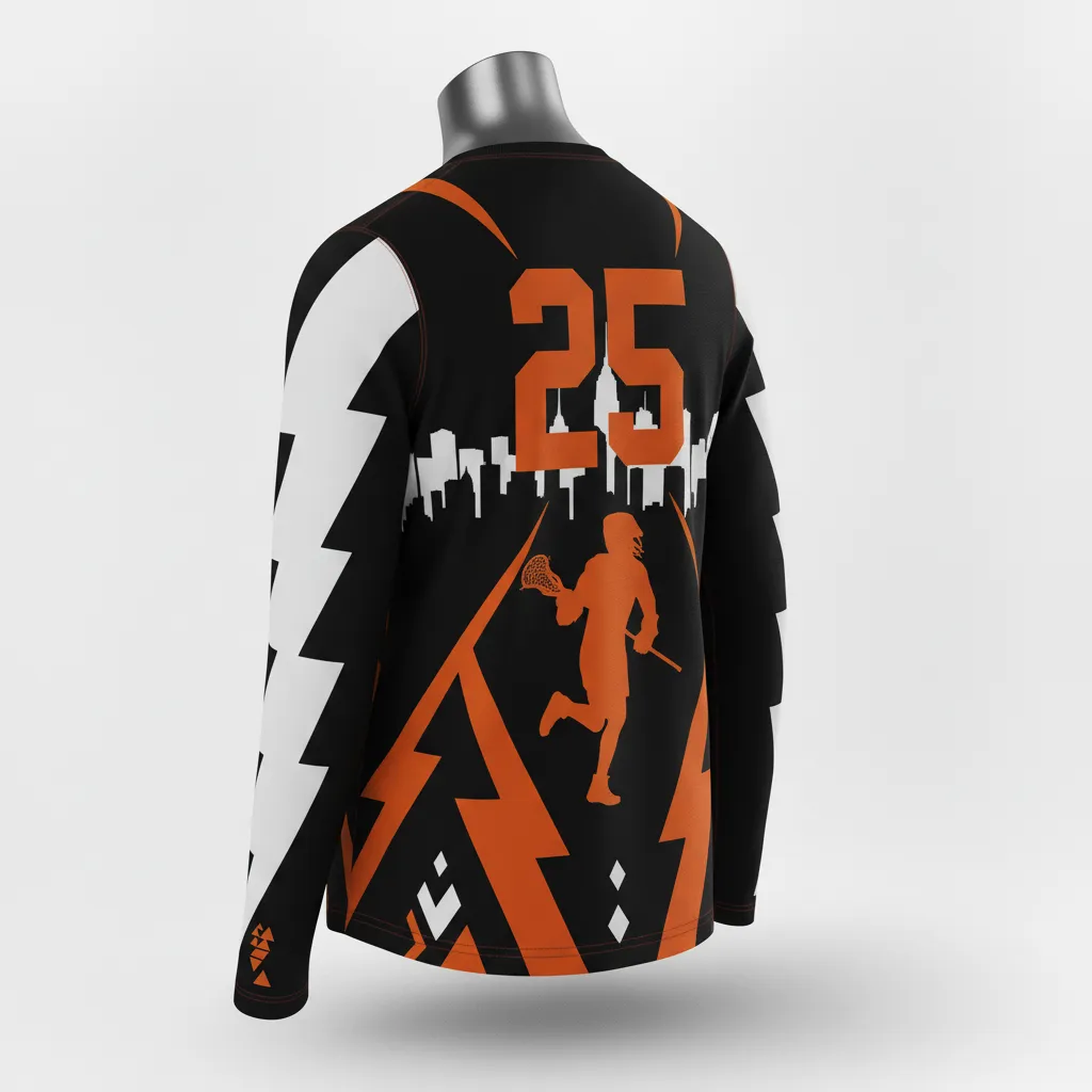 Custom Lacrosse Long Sleeve T Shirt - Black, Orange, White - Long Sleeve T Shirt Long Island Strong - Front View - HAMCO Sports Inc.