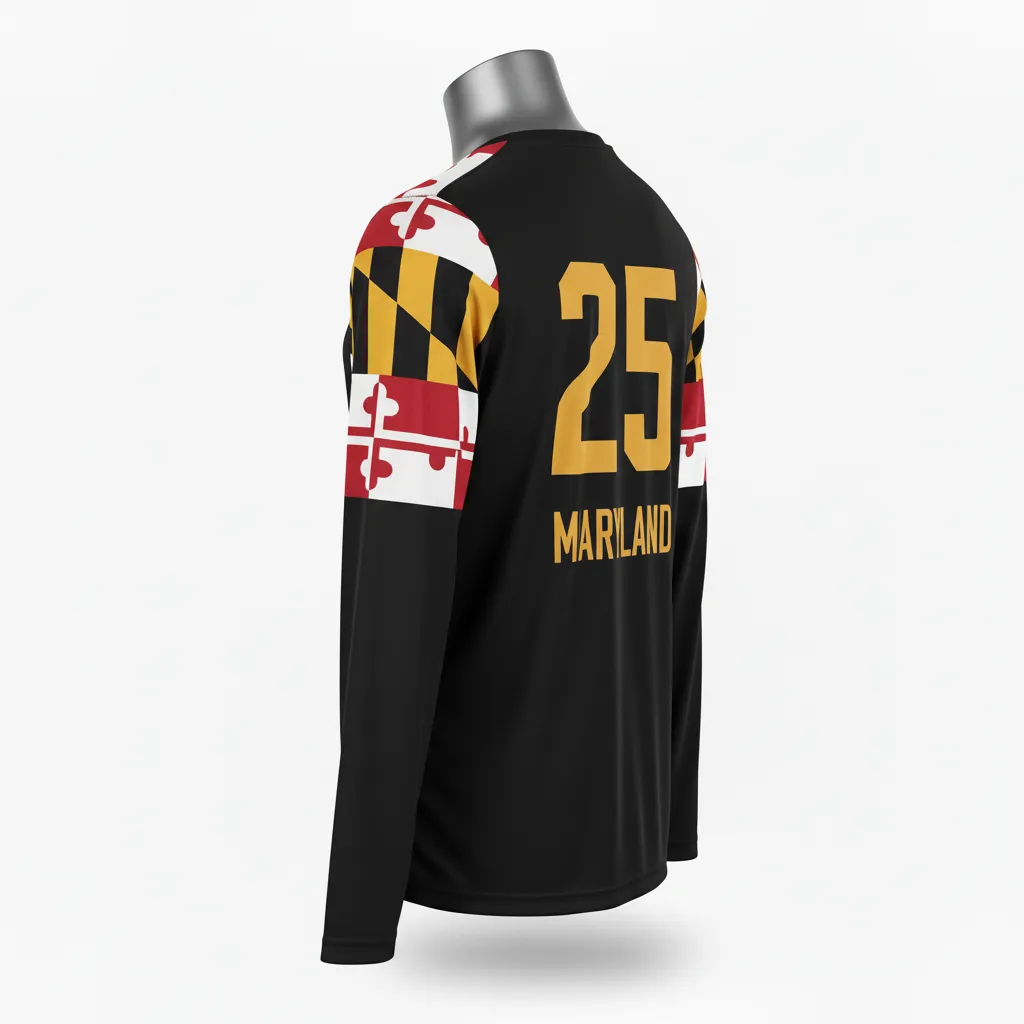 Custom Lacrosse Long Sleeve T Shirt - Black, Red, Gold - Long Sleeve T Shirt Maryland Pride - Back View - HAMCO Sports Inc.