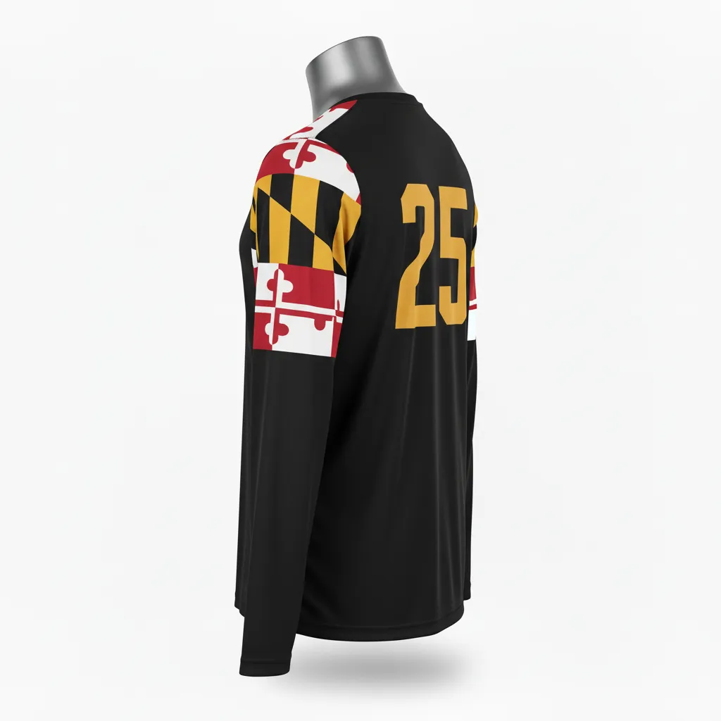 Custom Lacrosse Long Sleeve T Shirt - Black, Red, Gold - Long Sleeve T Shirt Maryland Pride - Side View - HAMCO Sports Inc.