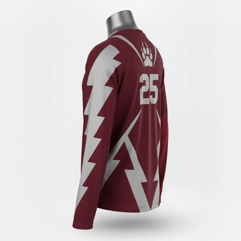 Custom Lacrosse Long Sleeve T Shirt - Burgundy, Silver - Long Sleeve T Shirt Bear Clan Strength - Back View - HAMCO Sports Inc.