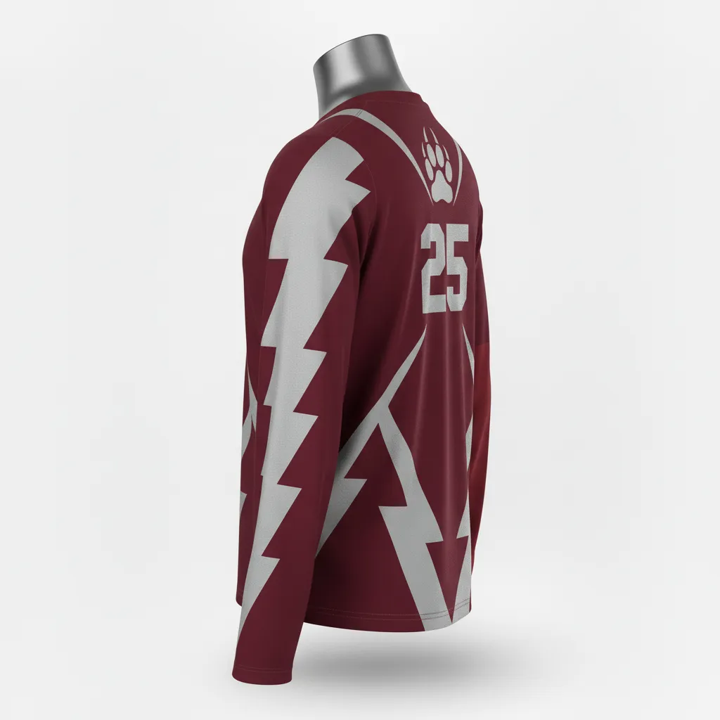 Custom Lacrosse Long Sleeve T Shirt - Burgundy, Silver - Long Sleeve T Shirt Bear Clan Strength - Side View - HAMCO Sports Inc.