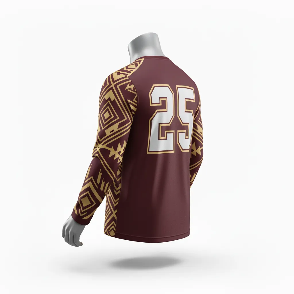 Custom Lacrosse Long Sleeve T Shirt - Burgundy, Gold - Long Sleeve T Shirt Vegas Tribal Clash - Front View - HAMCO Sports Inc.