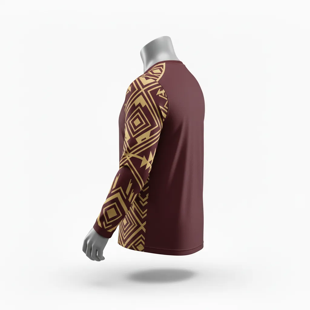 Custom Lacrosse Long Sleeve T Shirt - Burgundy, Gold - Long Sleeve T Shirt Vegas Tribal Clash - Side View - HAMCO Sports Inc.