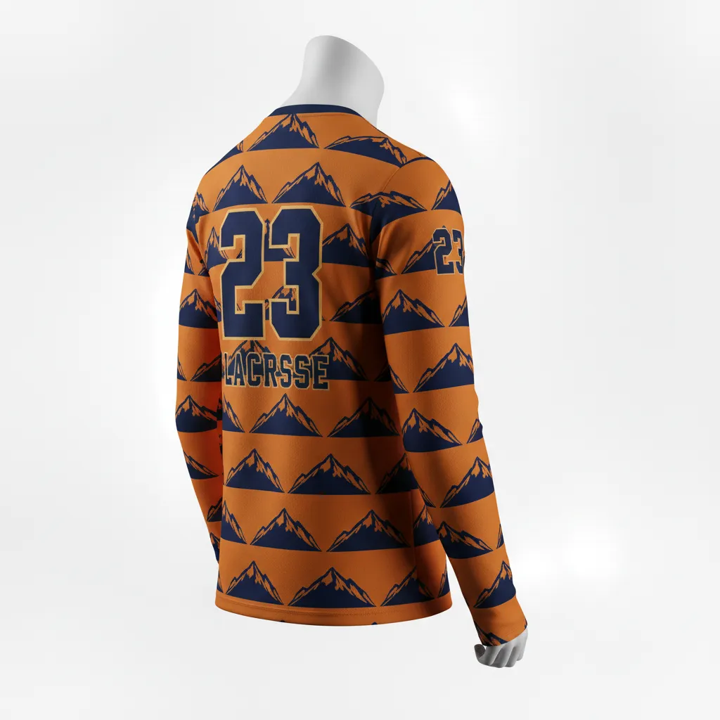 Custom Lacrosse Long Sleeve T Shirt - Burnt, Orange, Navy - Long Sleeve T Shirt Upstate Mountain - Back View - HAMCO Sports Inc.