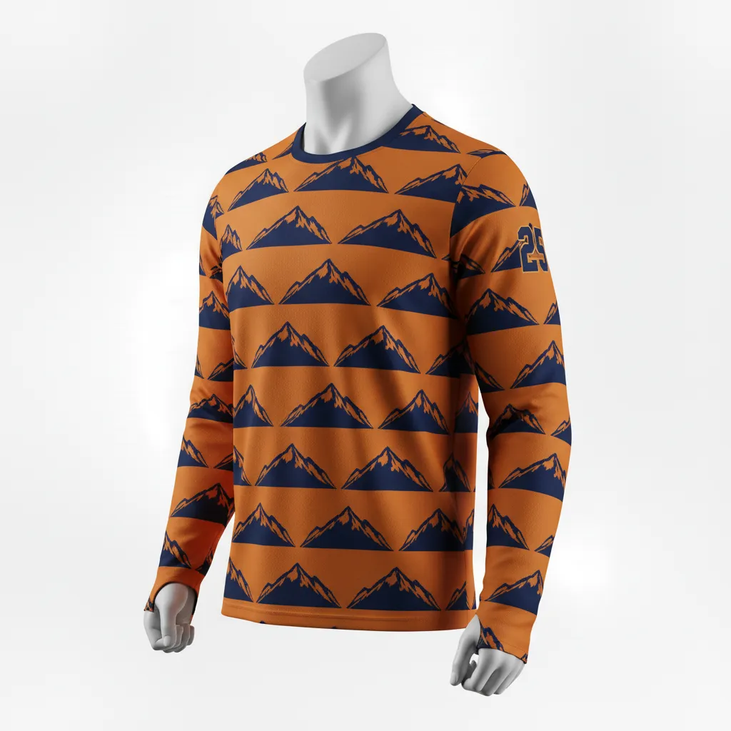 Custom Lacrosse Long Sleeve T Shirt - Burnt, Orange, Navy - Long Sleeve T Shirt Upstate Mountain - Front View - HAMCO Sports Inc.