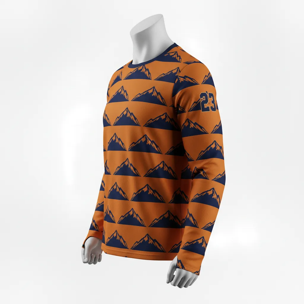 Custom Lacrosse Long Sleeve T Shirt - Burnt, Orange, Navy - Long Sleeve T Shirt Upstate Mountain - Side View - HAMCO Sports Inc.