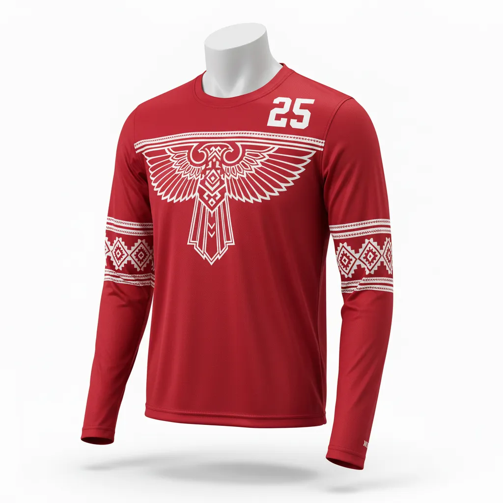 Custom Lacrosse Long Sleeve T Shirt - Red, White - Long Sleeve T Shirt Cardinal Thunderbird Spirit - Front View - HAMCO Sports Inc.