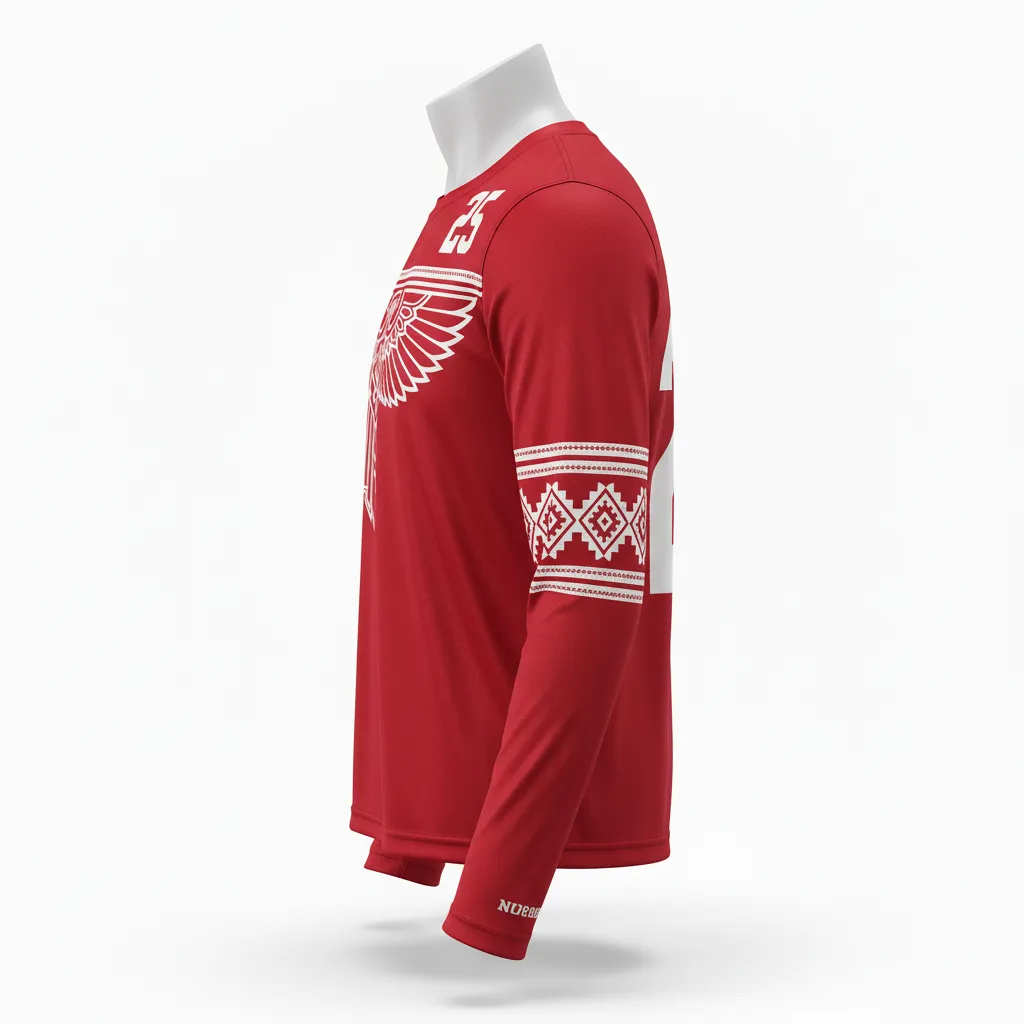 Custom Lacrosse Long Sleeve T Shirt - Red, White - Long Sleeve T Shirt Cardinal Thunderbird Spirit - Side View - HAMCO Sports Inc.