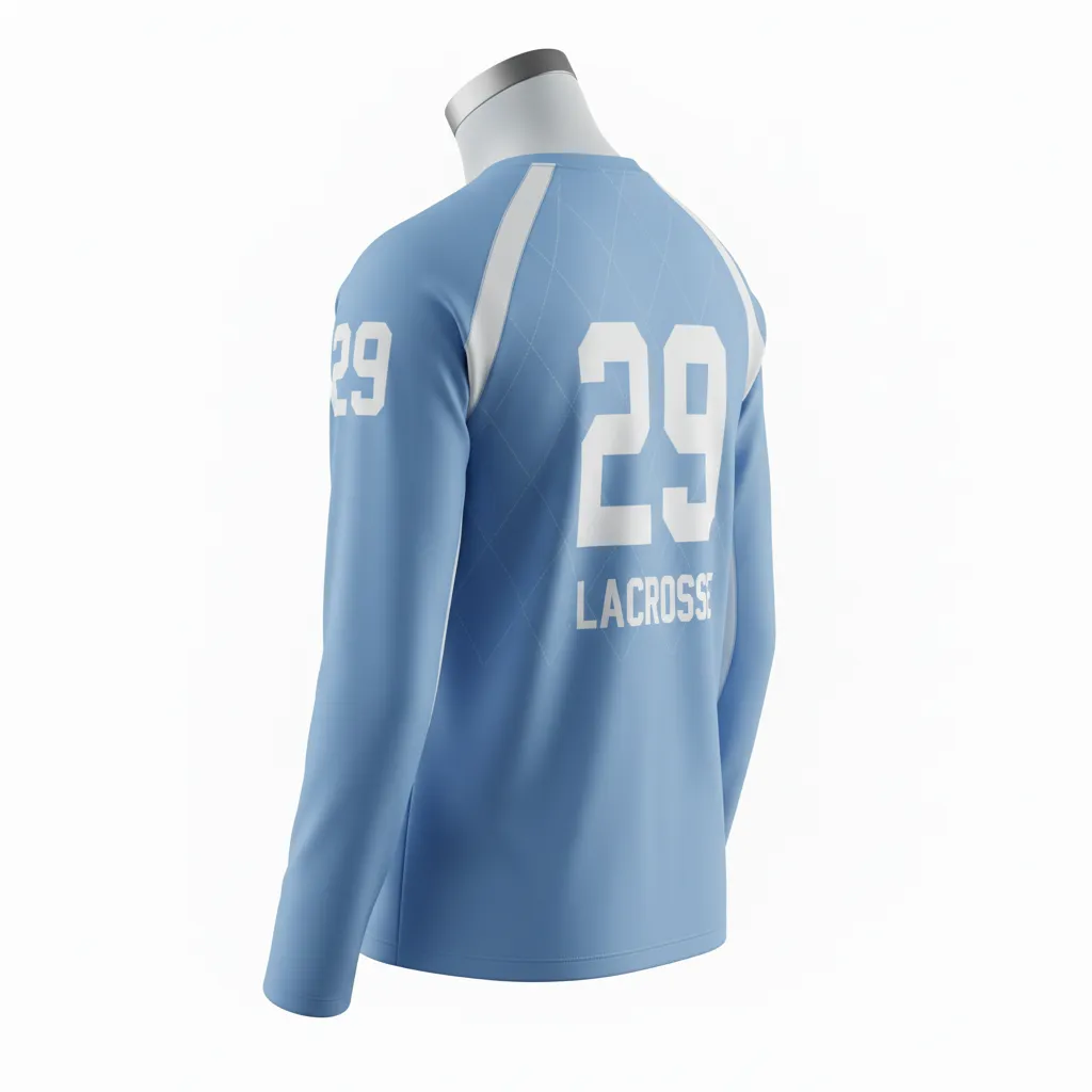 Custom Lacrosse Long Sleeve T Shirt - Blue, White, Blue - Long Sleeve T Shirt Carolina Tar Heel - Back View - HAMCO Sports Inc.