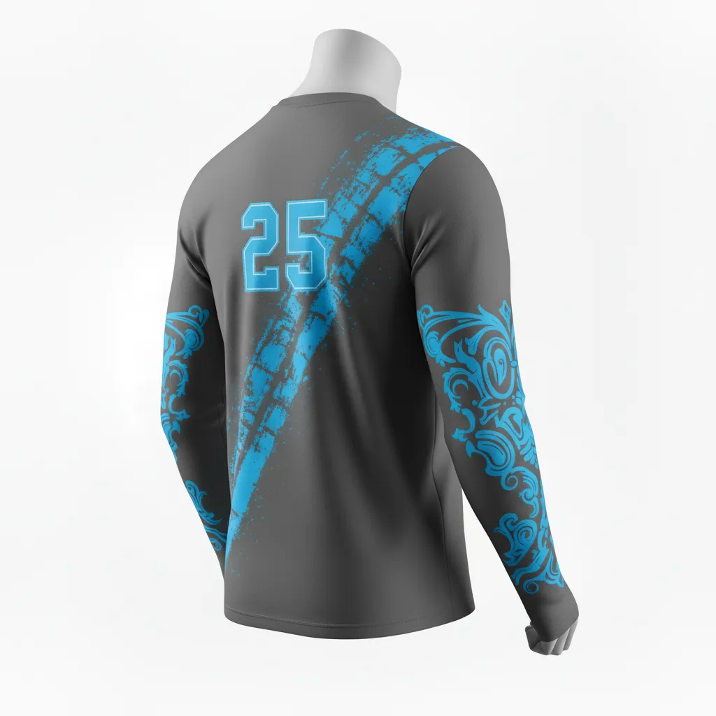 Custom Lacrosse Long Sleeve T Shirt - Blue - Long Sleeve T Shirt Charcoal Electric Cleat Marks Trail - Back View - HAMCO Sports Inc.