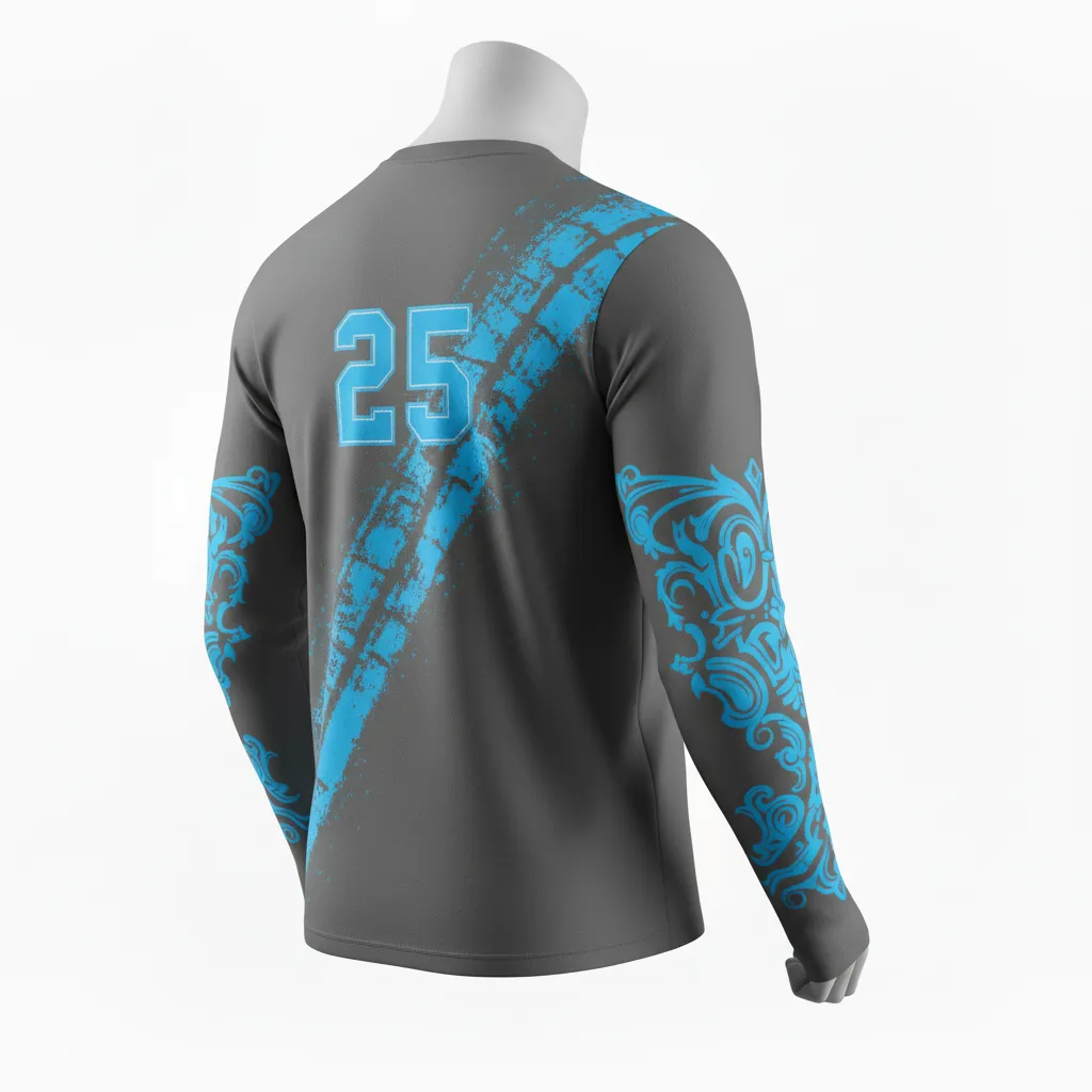 Custom Lacrosse Long Sleeve T Shirt - Blue - Long Sleeve T Shirt Charcoal Electric Cleat Marks Trail - Front View - HAMCO Sports Inc.