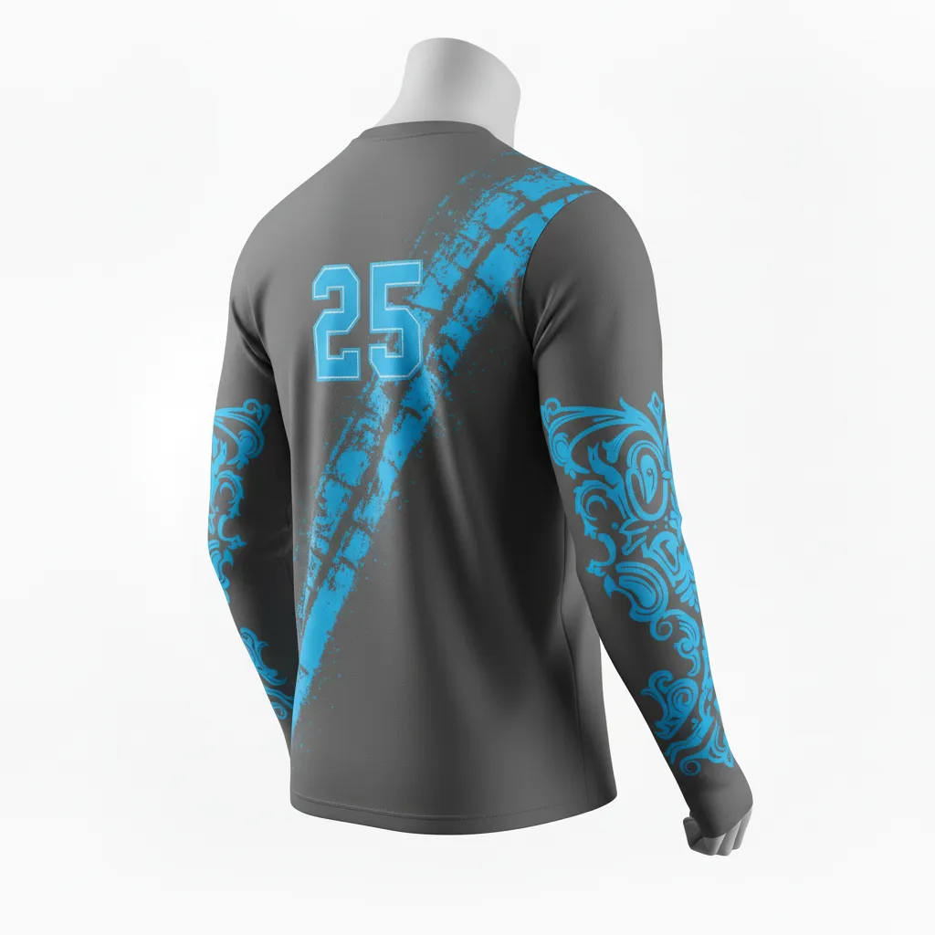 Custom Lacrosse Long Sleeve T Shirt - Blue - Long Sleeve T Shirt Charcoal Electric Cleat Marks Trail - Side View - HAMCO Sports Inc.