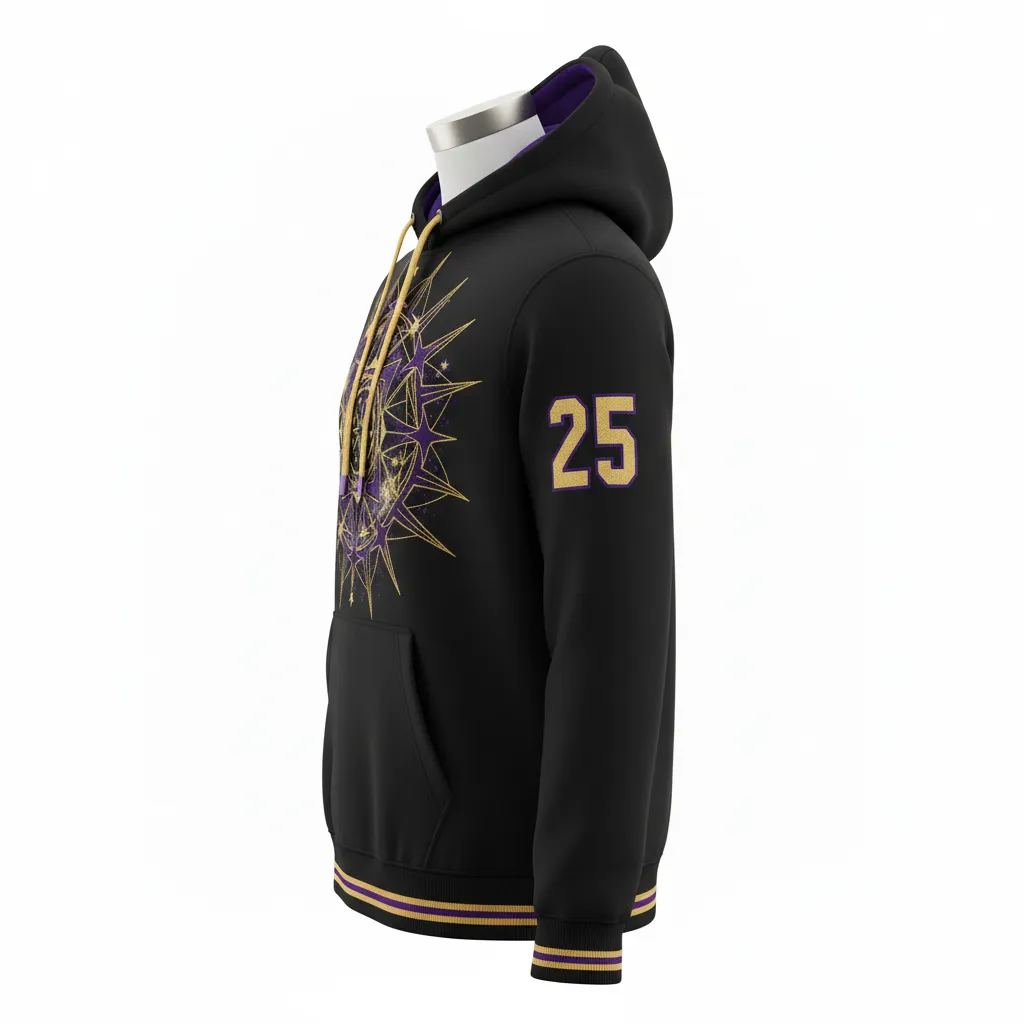 Custom Lacrosse Pullover Hoodie - Black, Gold, Purple - Pullover Hoodie Creator S Game Celestial - Side View - HAMCO Sports Inc.