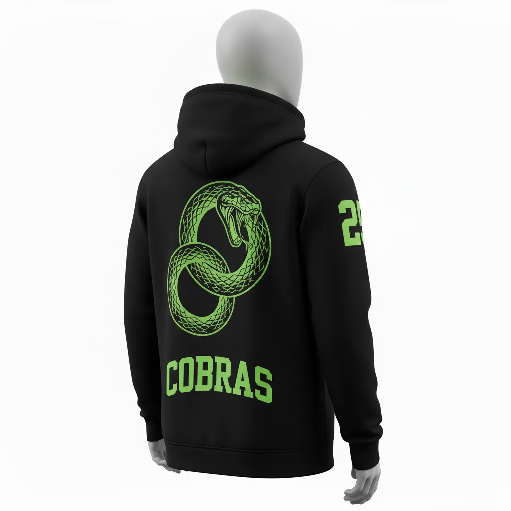 Custom Lacrosse Pullover Hoodie - Black, Green - Pullover Hoodie Neon Serpent Strike - Back View - HAMCO Sports Inc.