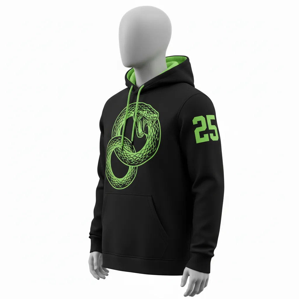 Custom Lacrosse Pullover Hoodie - Black, Green - Pullover Hoodie Neon Serpent Strike - Side View - HAMCO Sports Inc.