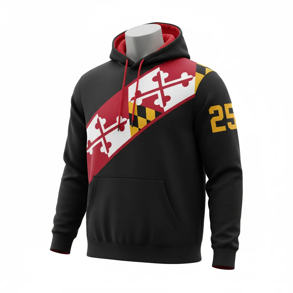 Custom Lacrosse Pullover Hoodie - Black, Red, Gold - Pullover Hoodie Maryland Pride - Front View - HAMCO Sports Inc.