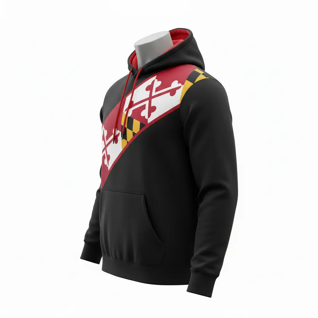 Custom Lacrosse Pullover Hoodie - Black, Red, Gold - Pullover Hoodie Maryland Pride - Side View - HAMCO Sports Inc.
