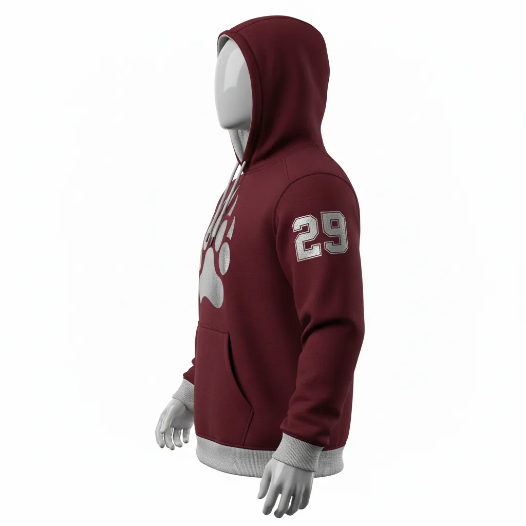 Custom Lacrosse Pullover Hoodie - Burgundy, Silver - Pullover Hoodie Bear Clan Strength - Side View - HAMCO Sports Inc.