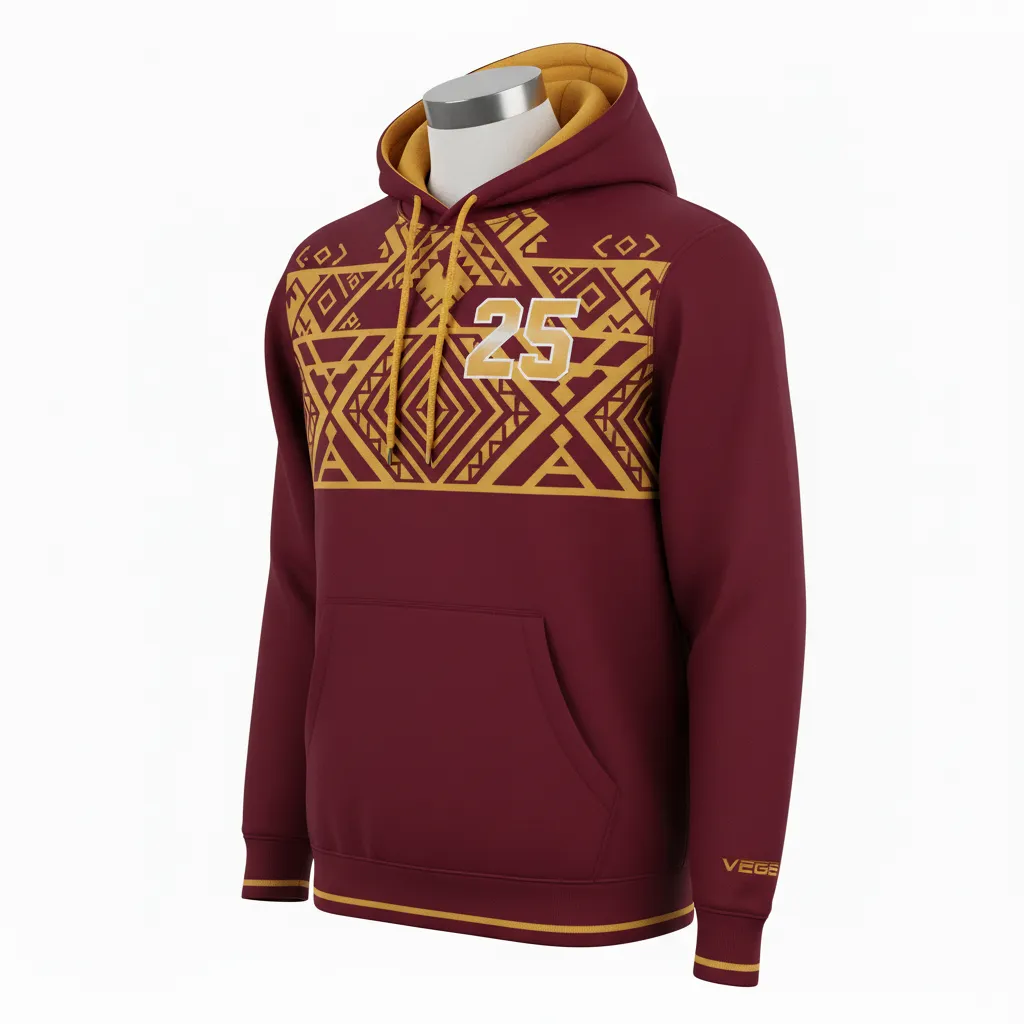 Custom Lacrosse Pullover Hoodie - Burgundy, Gold - Pullover Hoodie Vegas Tribal Clash - Front View - HAMCO Sports Inc.